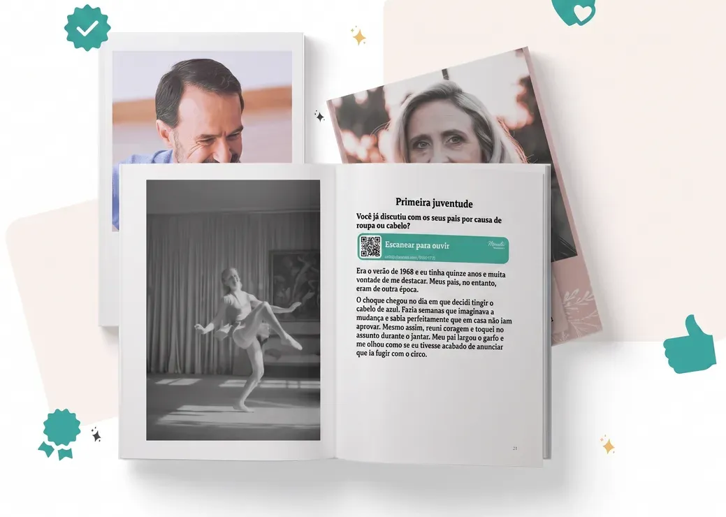 Livro Meminto aberto em português com histórias pessoais, fotos e detalhes da qualidade