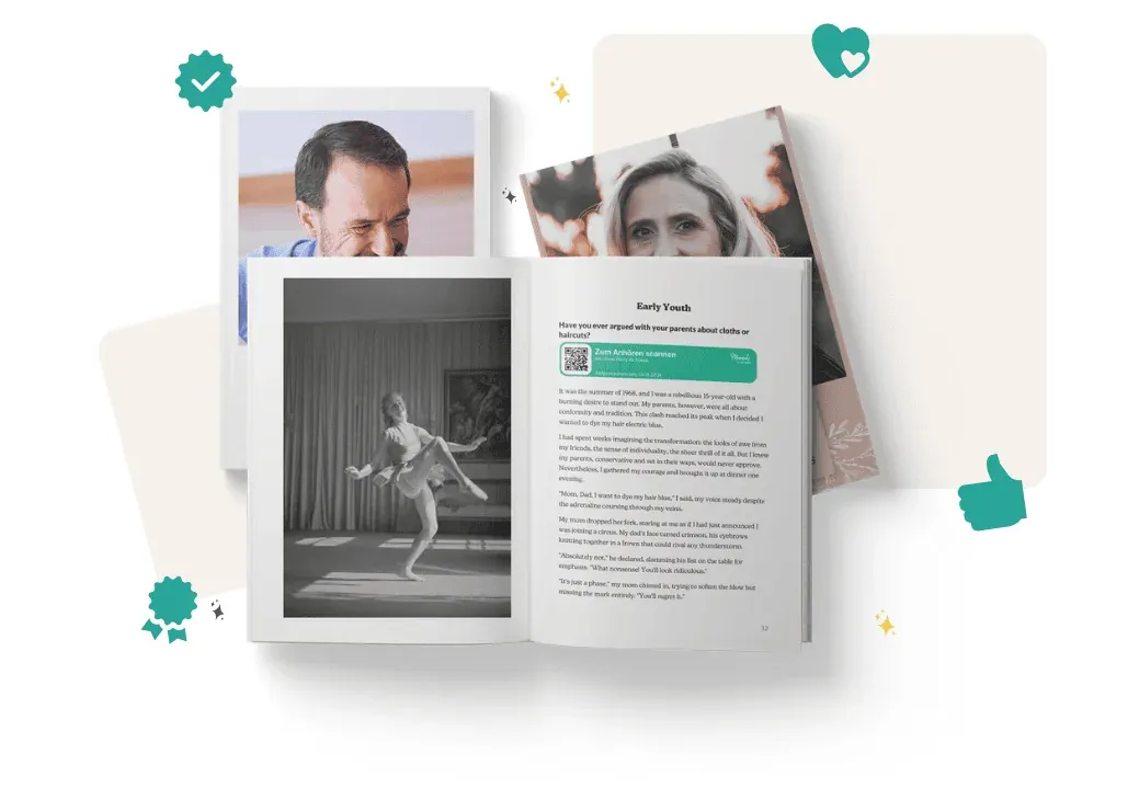 An open Meminto book showing photos, memories and a QR code to listen along