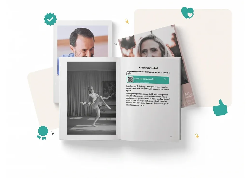 Libro Meminto abierto con historias personales, fotos y detalles de calidad