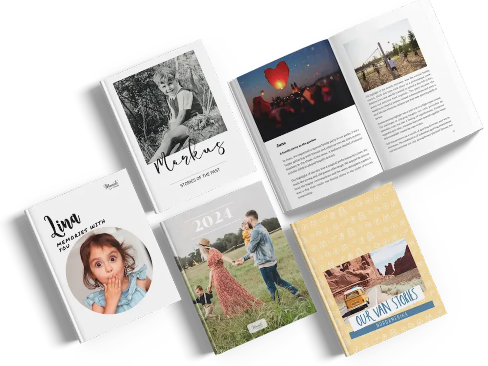 Verschiedene Meminto Bücher mit persönlichen Geschichten und Fotos