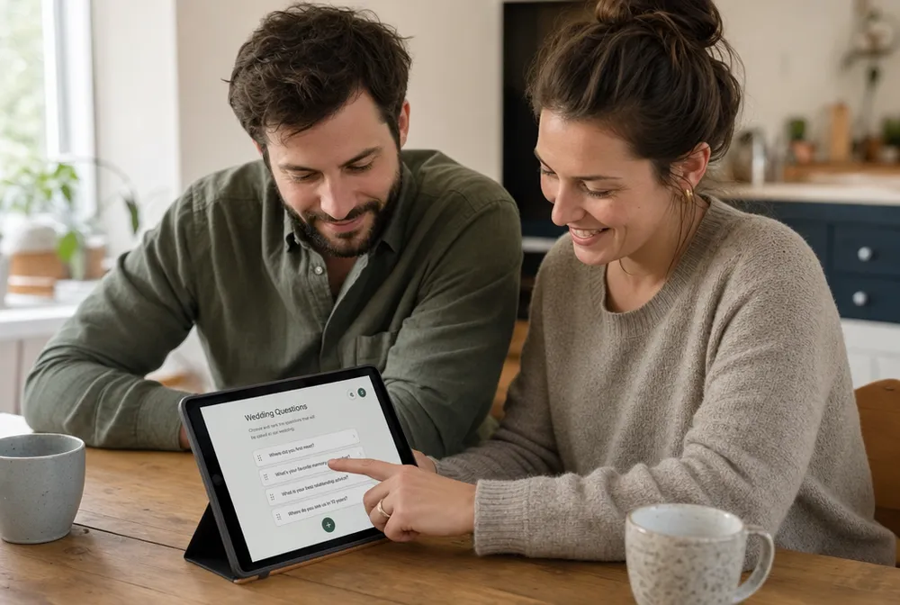 A couple choosing the questions for their wedding guest book on a tablet