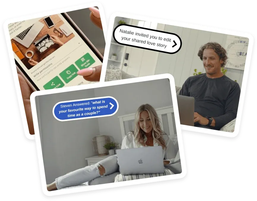 An invitation to a shared Love Story Book and both partners answering their questions on a laptop