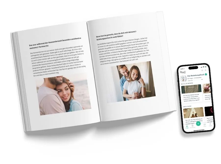 Aufgeschlagenes Beziehungsbuch mit Text und eingeklebtem Foto