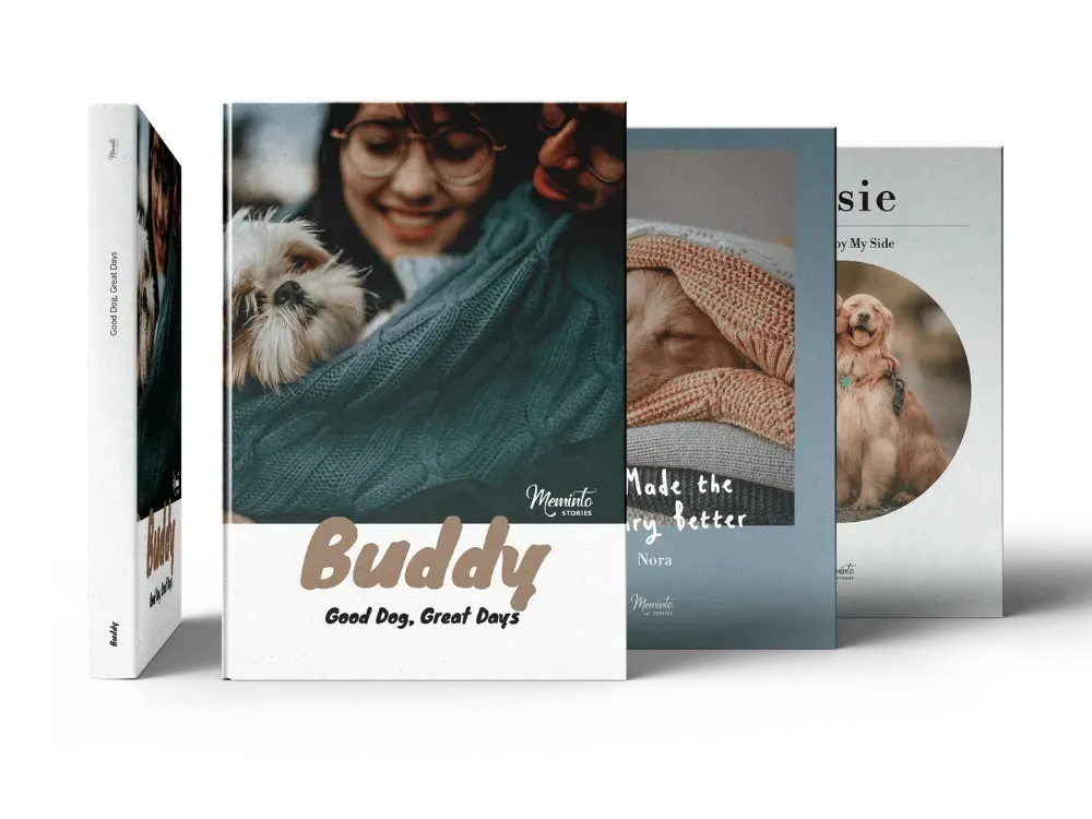Several printed English Meminto Dog Memory Books in different designs