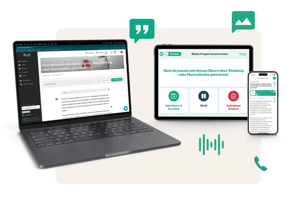 Die Meminto-App auf Laptop, Tablet und Smartphone – dieselbe Frage auf allen Geräten