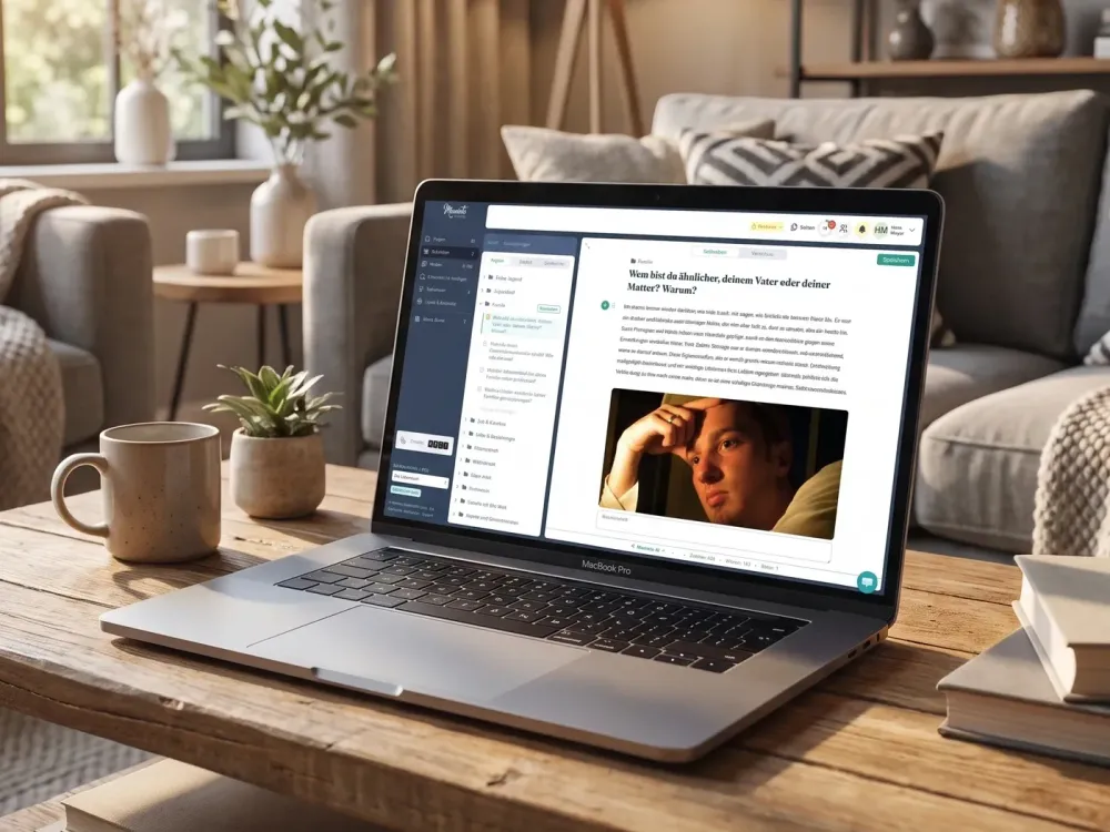 Laptop auf einem Wohnzimmertisch zeigt den Meminto-Editor mit einer beantworteten Frage