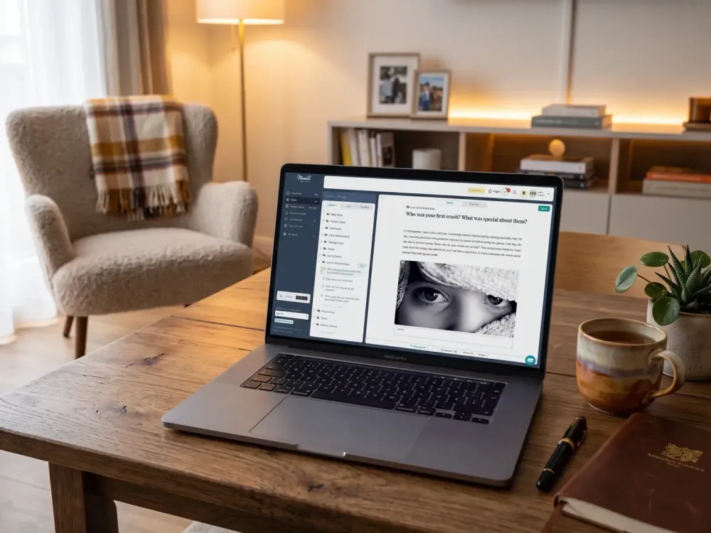 A laptop on a living-room table showing the Meminto editor with an answered question