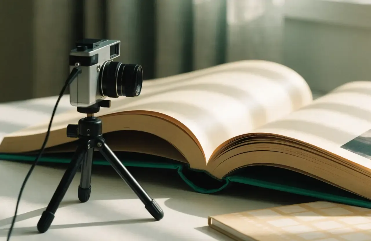 A camera pointed at an open memory book