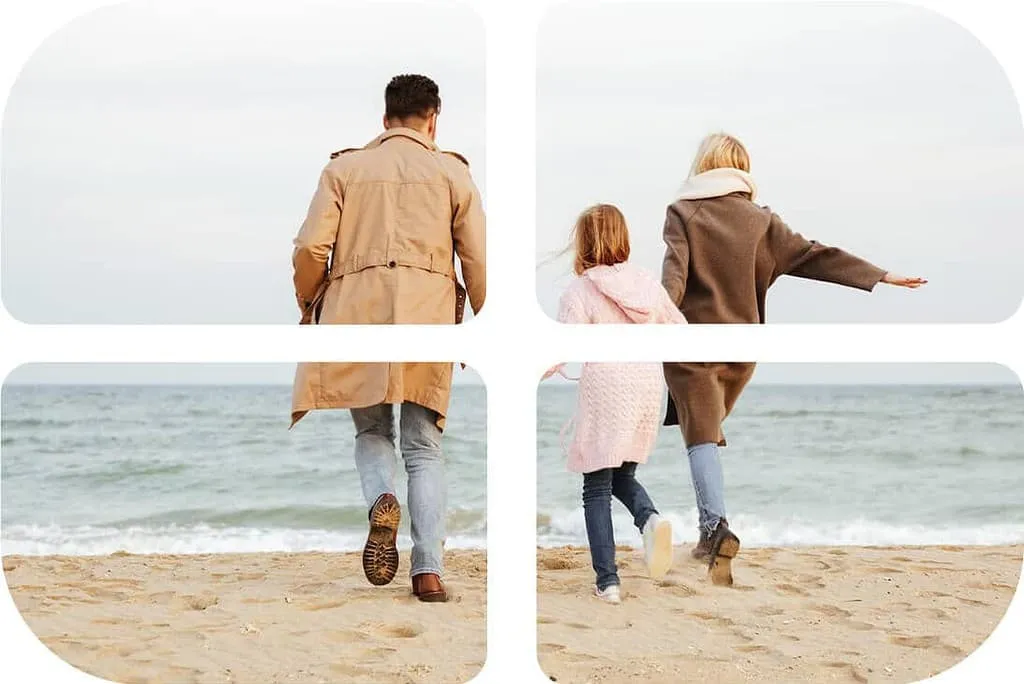 Collage: Vater, Mutter und Tochter laufen gemeinsam am Strand dem Meer entgegen