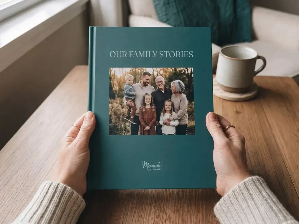 Two hands holding a Meminto hardcover titled “Our Family Stories” with a three-generation family photo on the cover