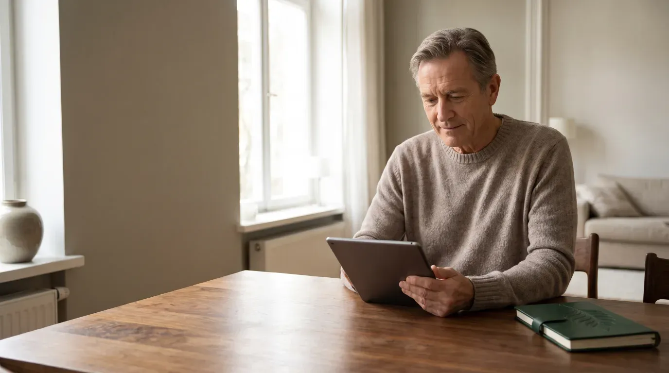 Older man looking at a tablet at a wooden table, with a closed dark green book beside him