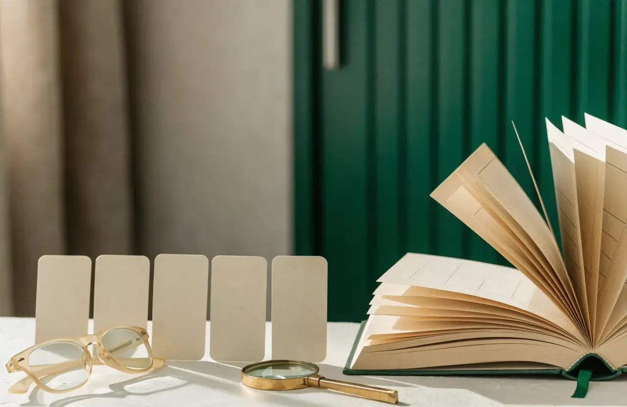 Question cards, a magnifying glass and a book symbolising common questions