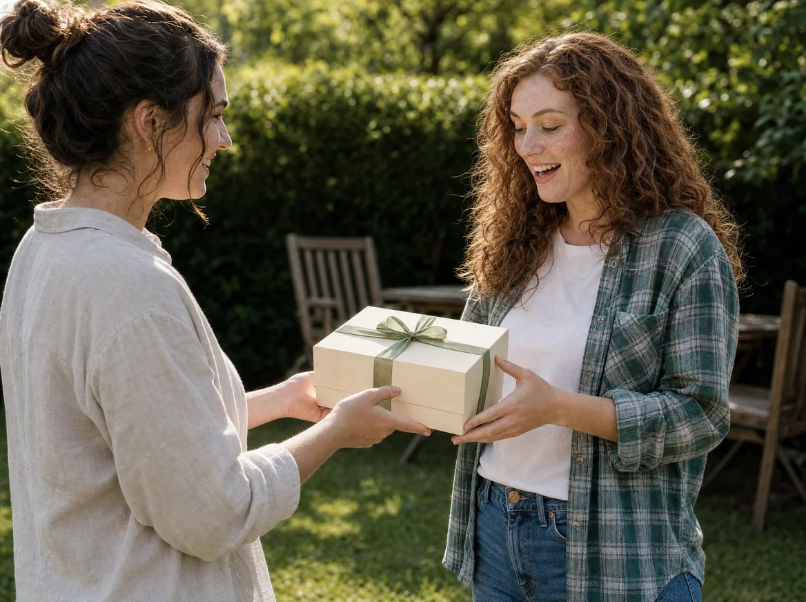 A woman handing her friend a gift box in the garden after the journey