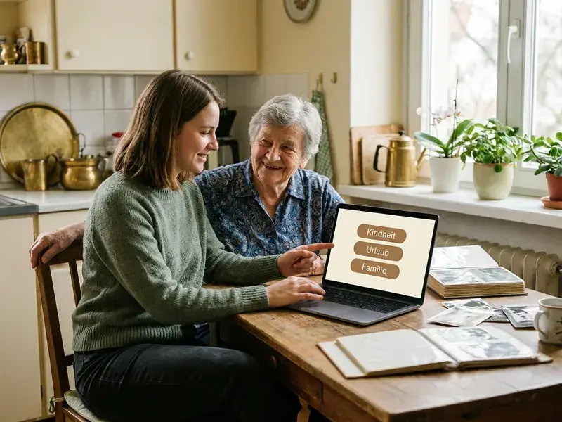 Hände richten am Laptop das Erinnerungsbuch für einen lieben Menschen ein