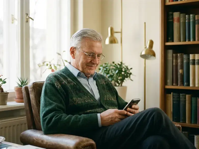 Ältere Person liest entspannt die Frage der Woche auf dem Handy