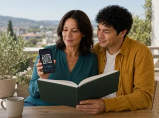 Family members sharing an open Memorial Book with old photographs