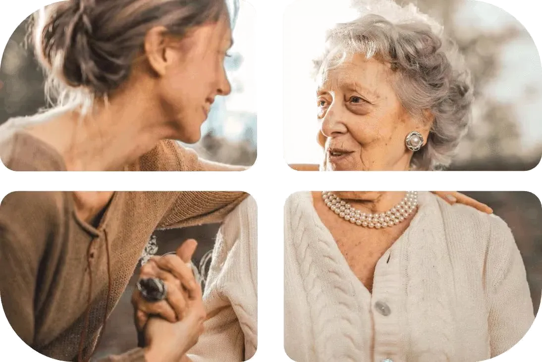 Four candid moments of two women talking about the story they share