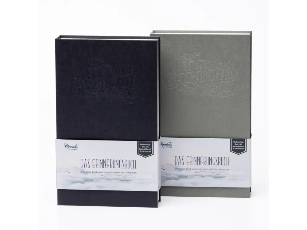 Die hochwertige deutsche Meminto Geschenkbox „Das Erinnerungsbuch“ in Schwarz und Grau