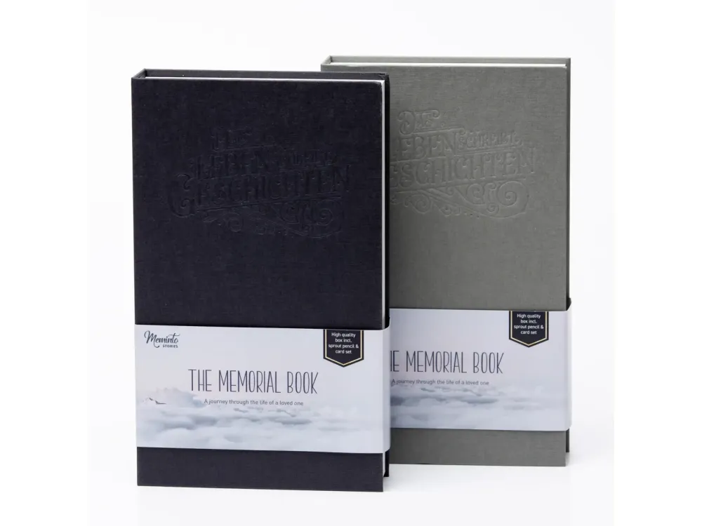 The premium English Meminto gift box "The Memorial Book" in black and grey
