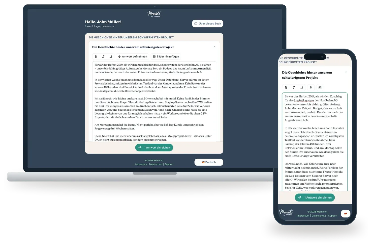 Der Meminto-Gästezugang am Laptop und auf dem Handy: die Ansicht zum Mitschreiben, geöffnet über einen Link – ohne eigenes Konto.