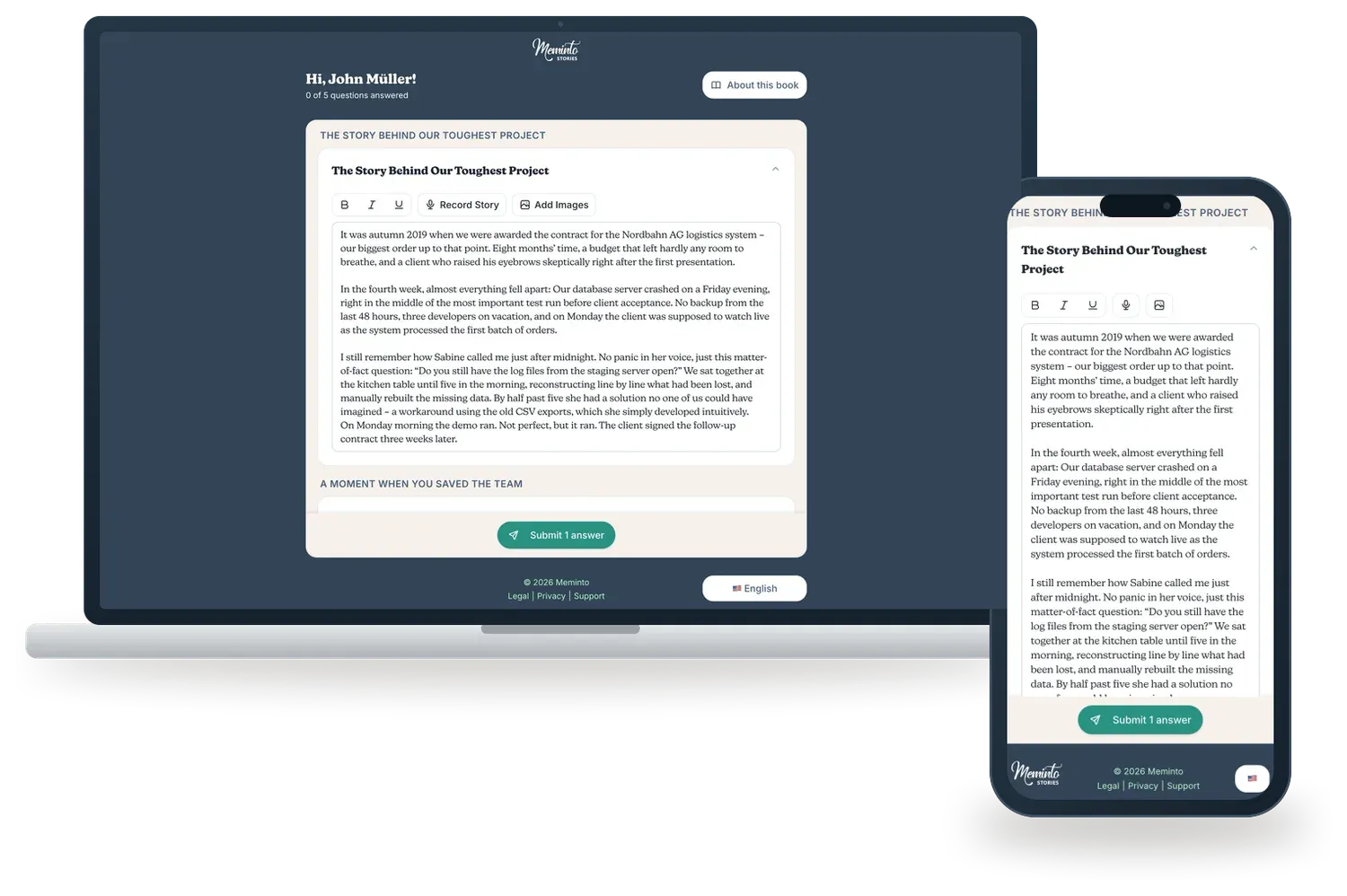 The Meminto guest access on a laptop and a phone: the contribution view, opened from a link – with no account of your own.
