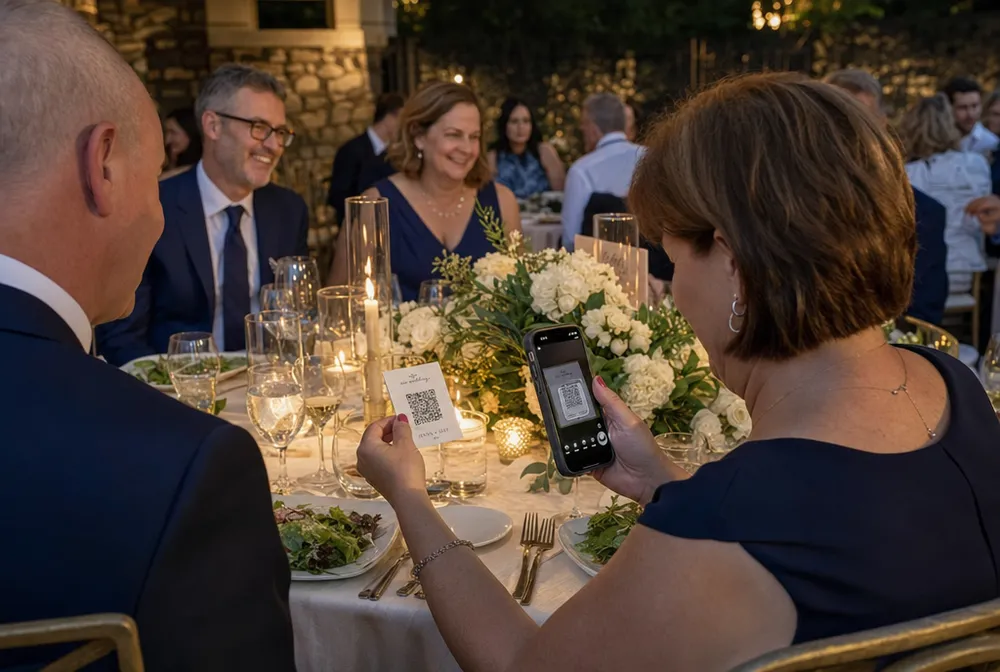 A wedding guest scanning a QR code at the decorated table to add their story