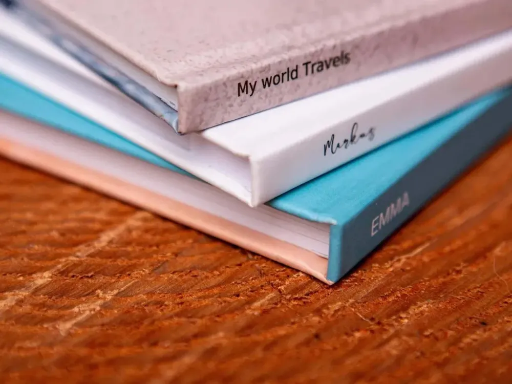 Close-up of a matte Meminto hardcover book
