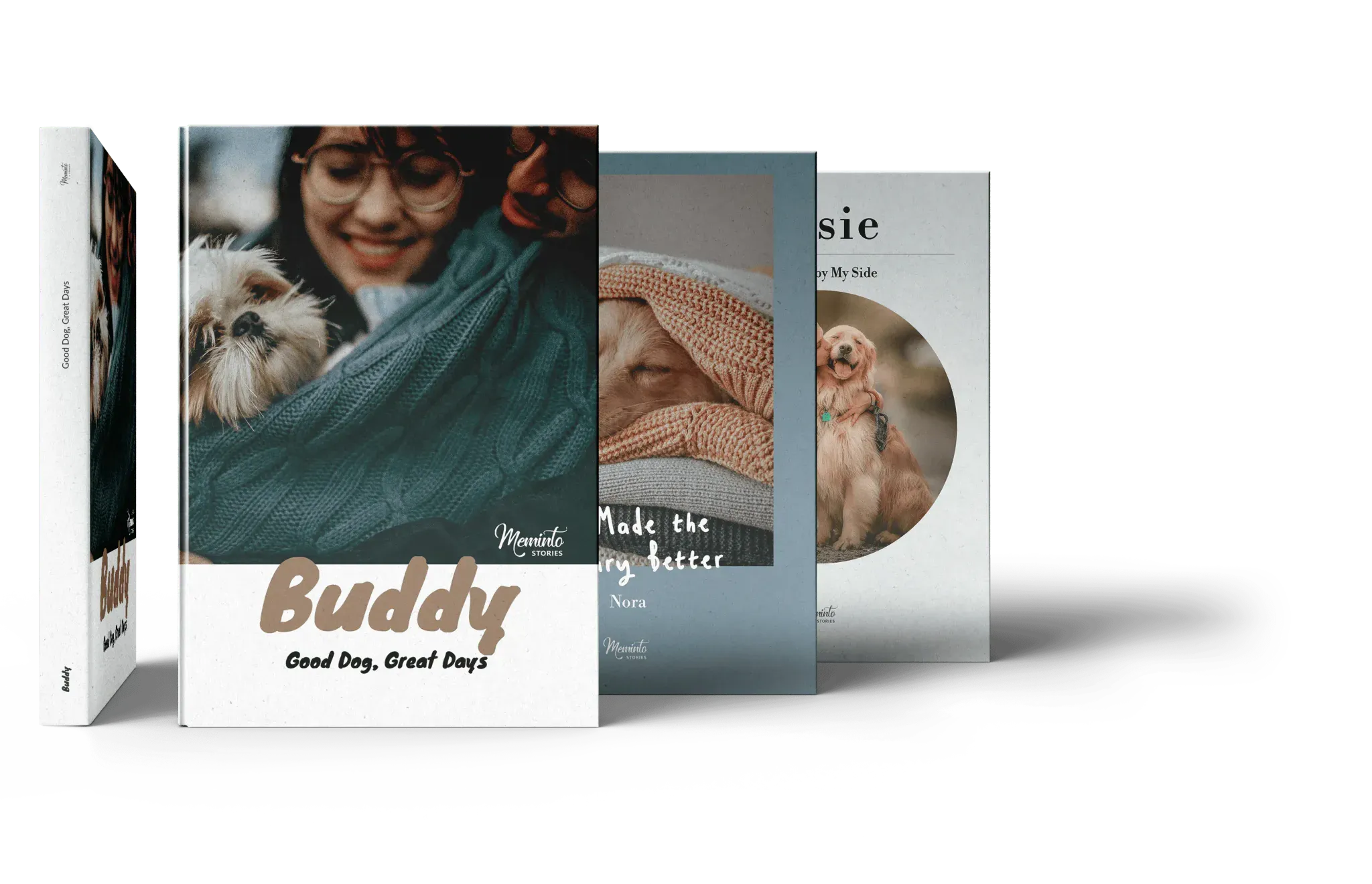 Several designed Meminto Dog Memory Books as hardcovers