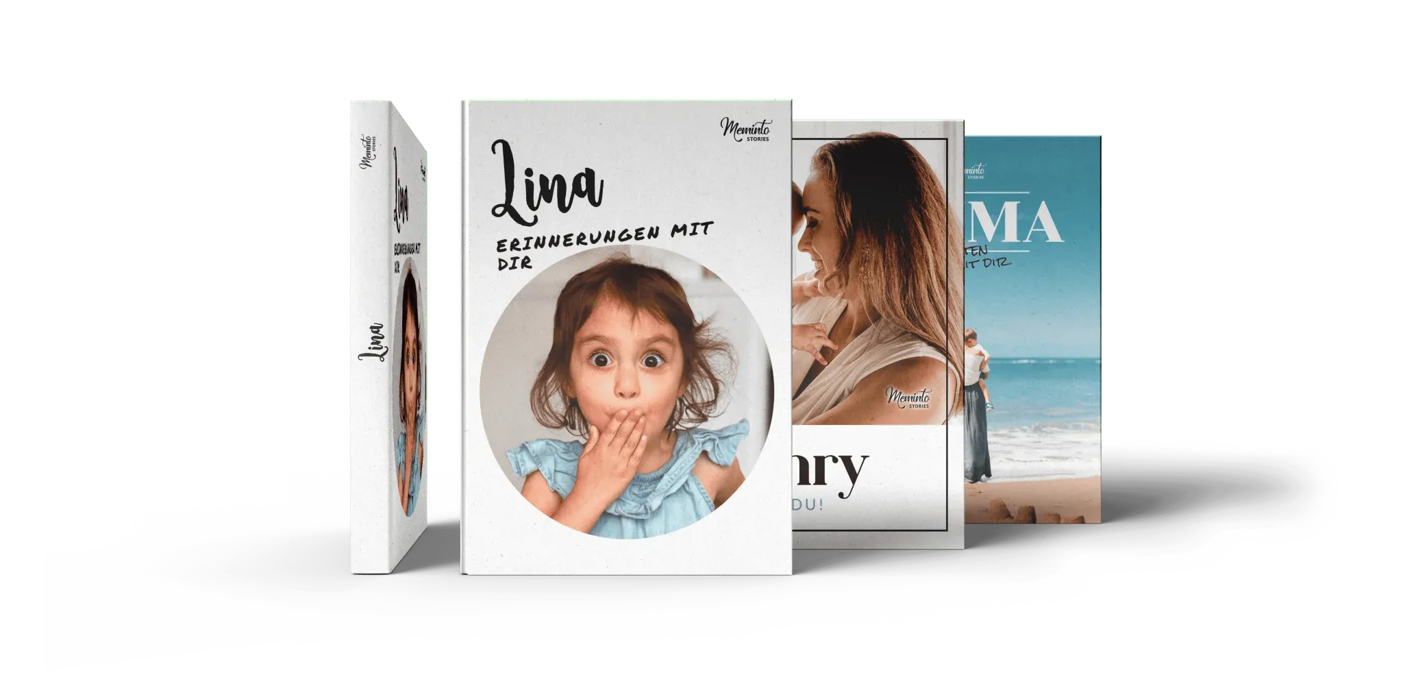 Several Meminto Childhood Memory Books in a bright product photograph