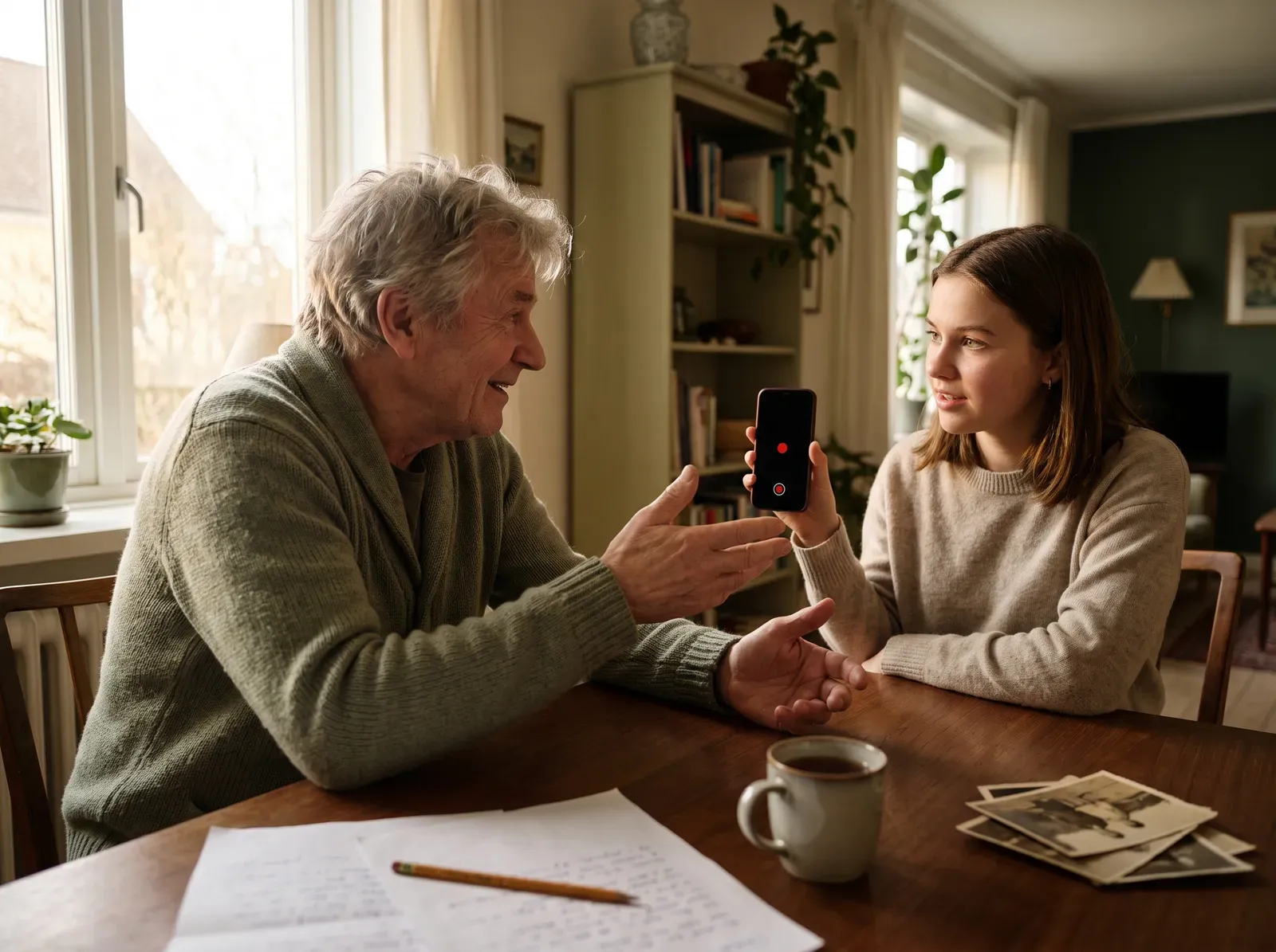 A grandfather tells a story at the dining table while his granddaughter records him on her phone