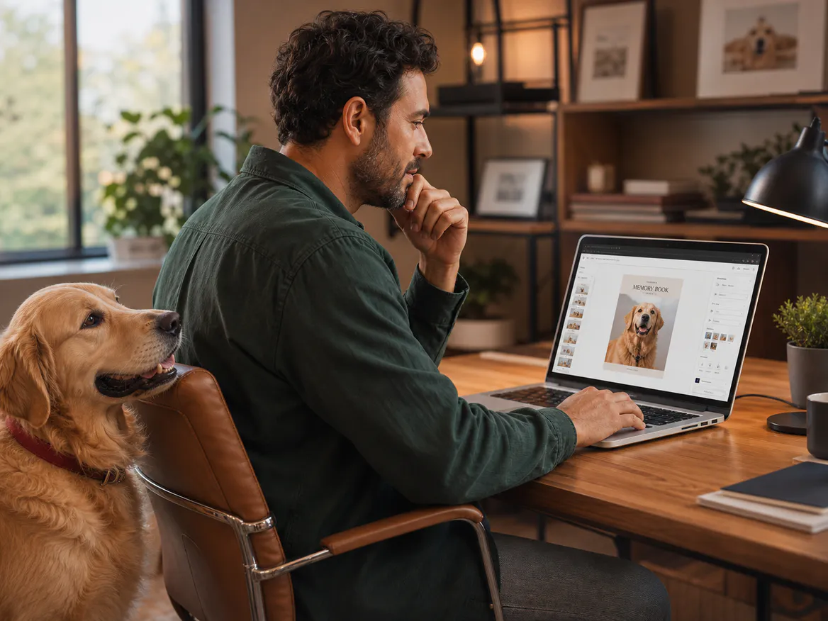 Dog owner designing the cover of his memory book on a laptop