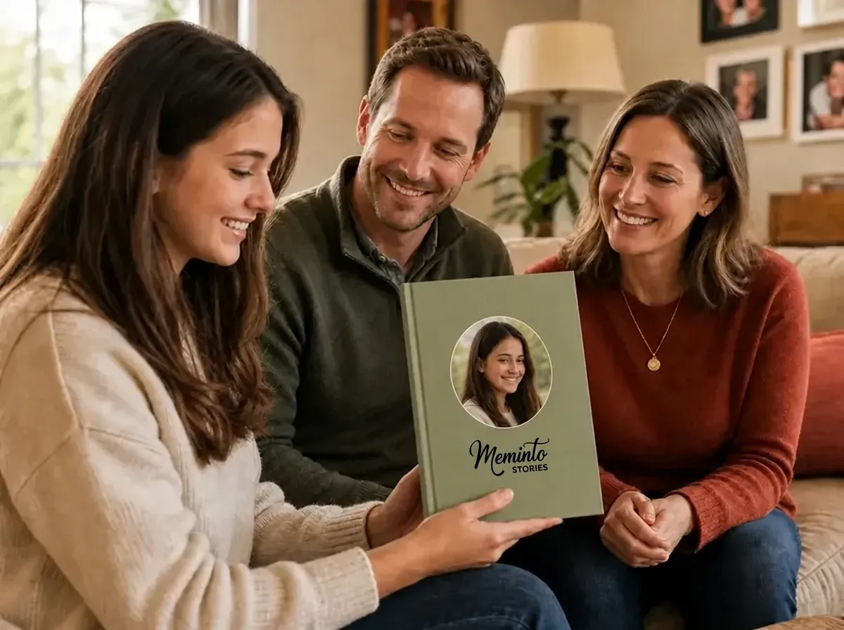 Parents handing their approximately 16-year-old child the finished Childhood Memory Book