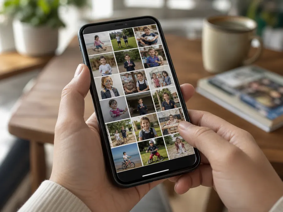 A smartphone media gallery filled with colorful childhood photographs from a first-person view