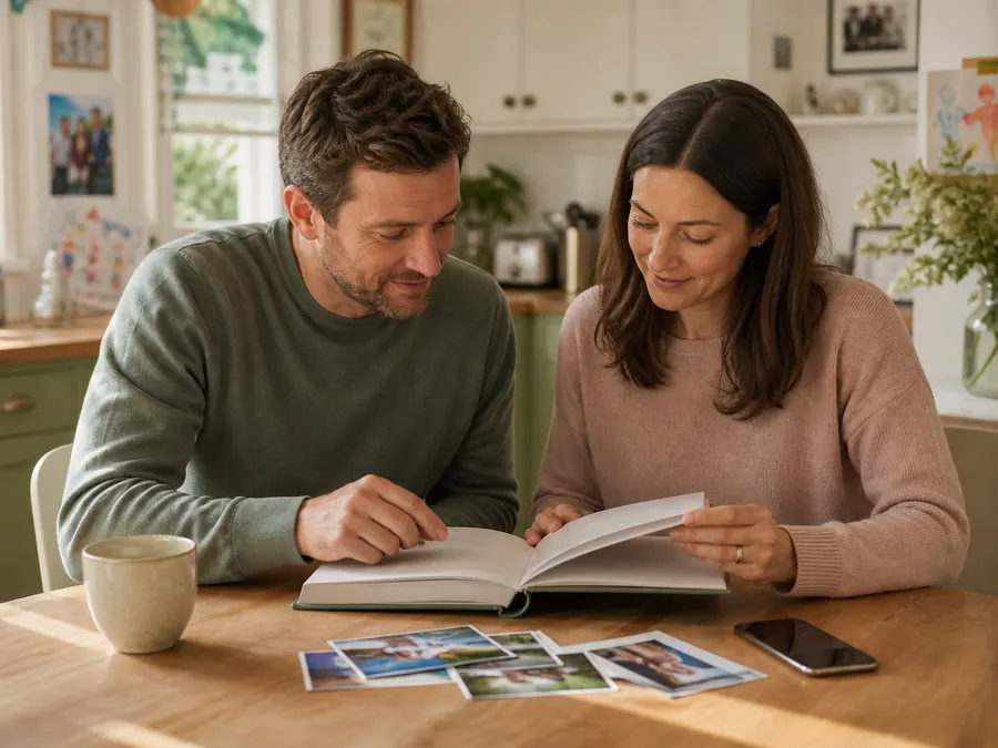 Parents begin their child’s childhood story together with photographs and a book