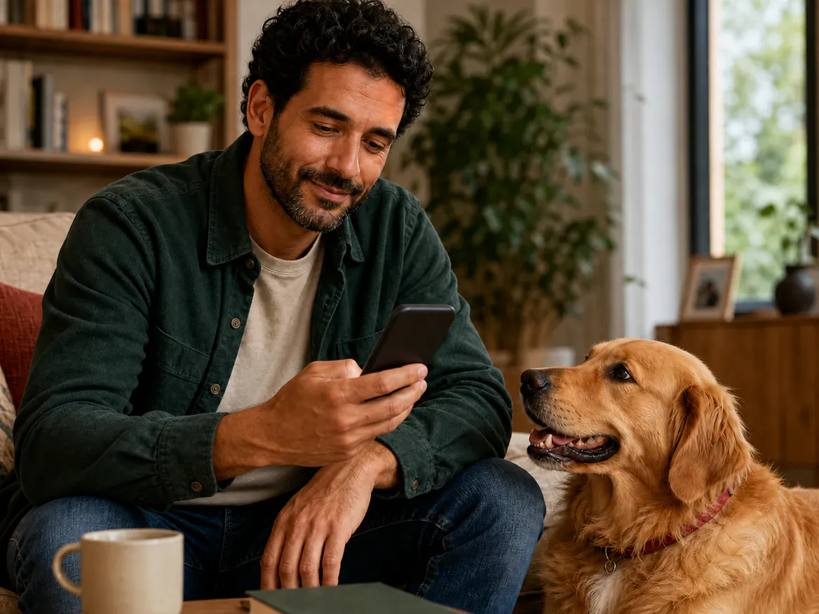 Dog owner looking at Meminto prompts on his smartphone