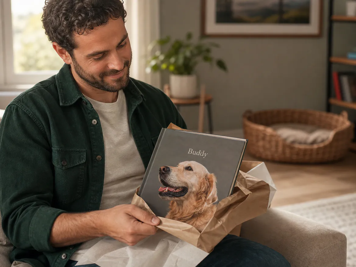 Dog owner unwrapping his printed Dog Memory Book
