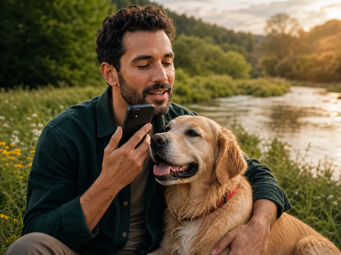 Dog owner speaking a memory into his smartphone beside a river