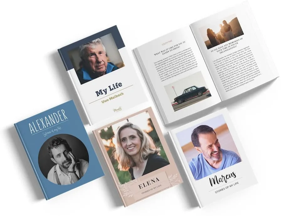 An open Meminto Memorial Book with personal photographs and memories