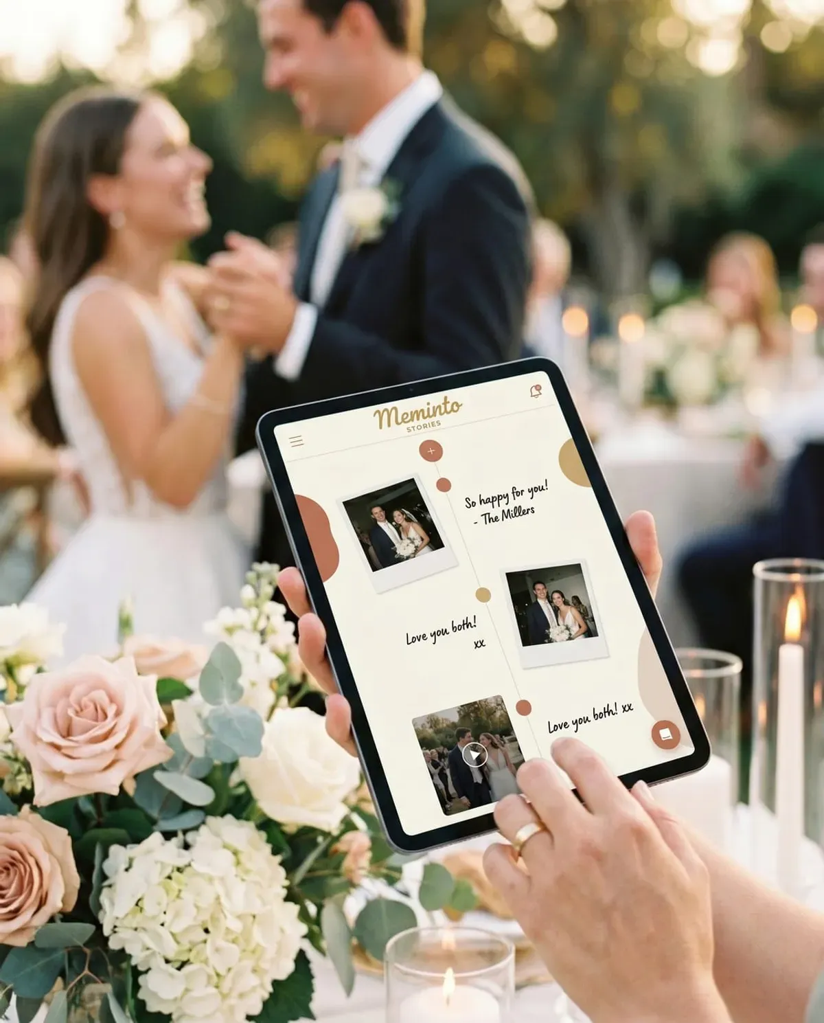 A newlywed couple celebrating with their guests at the wedding