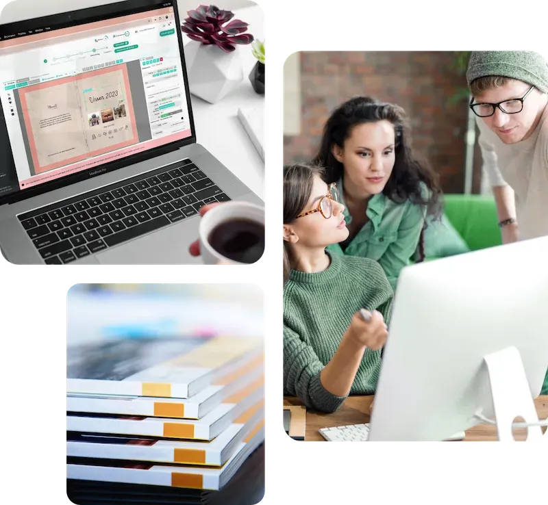 Meminto-Buch gestalten: eine Familie erstellt gemeinsam am Laptop persönliche Seiten mit Fotos