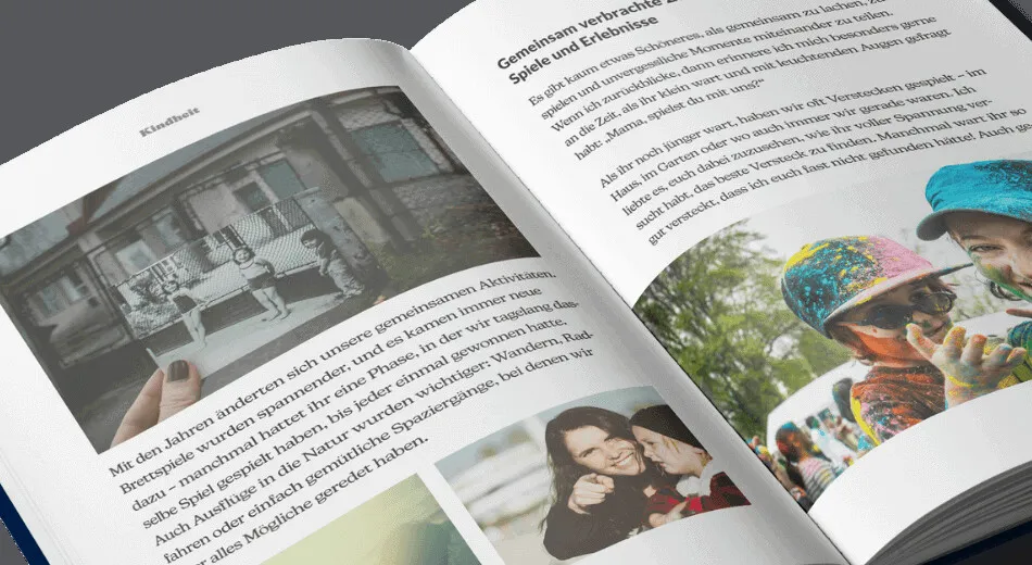 Open life story book with family memories and photographs