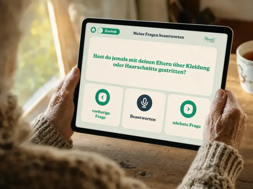 Person beantwortet eine Frage auf dem Tablet per Sprache statt zu tippen