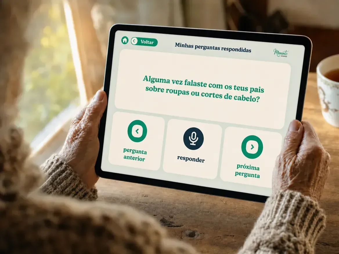 Pessoa responde a uma pergunta no tablet em português, sem escrever