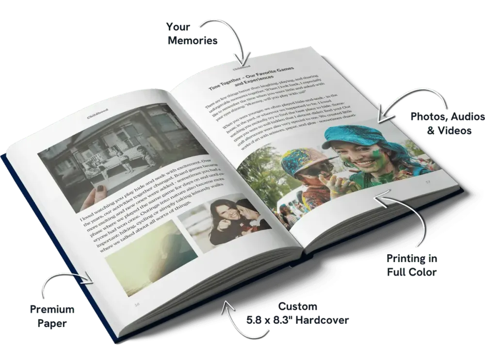 An open English Meminto Memorial Book with photographs and stories