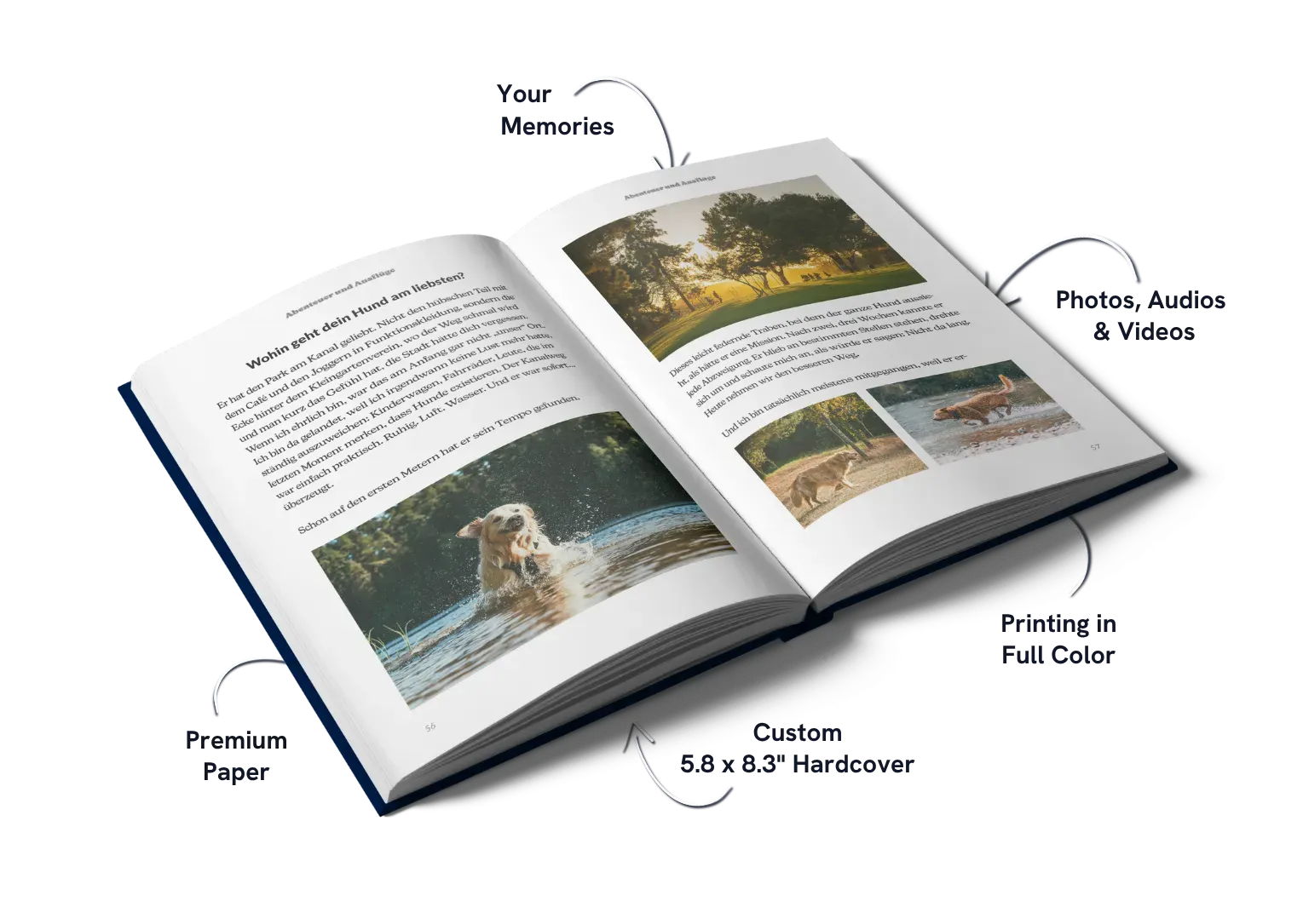 Open English Dog Memory Book with stories and photographs