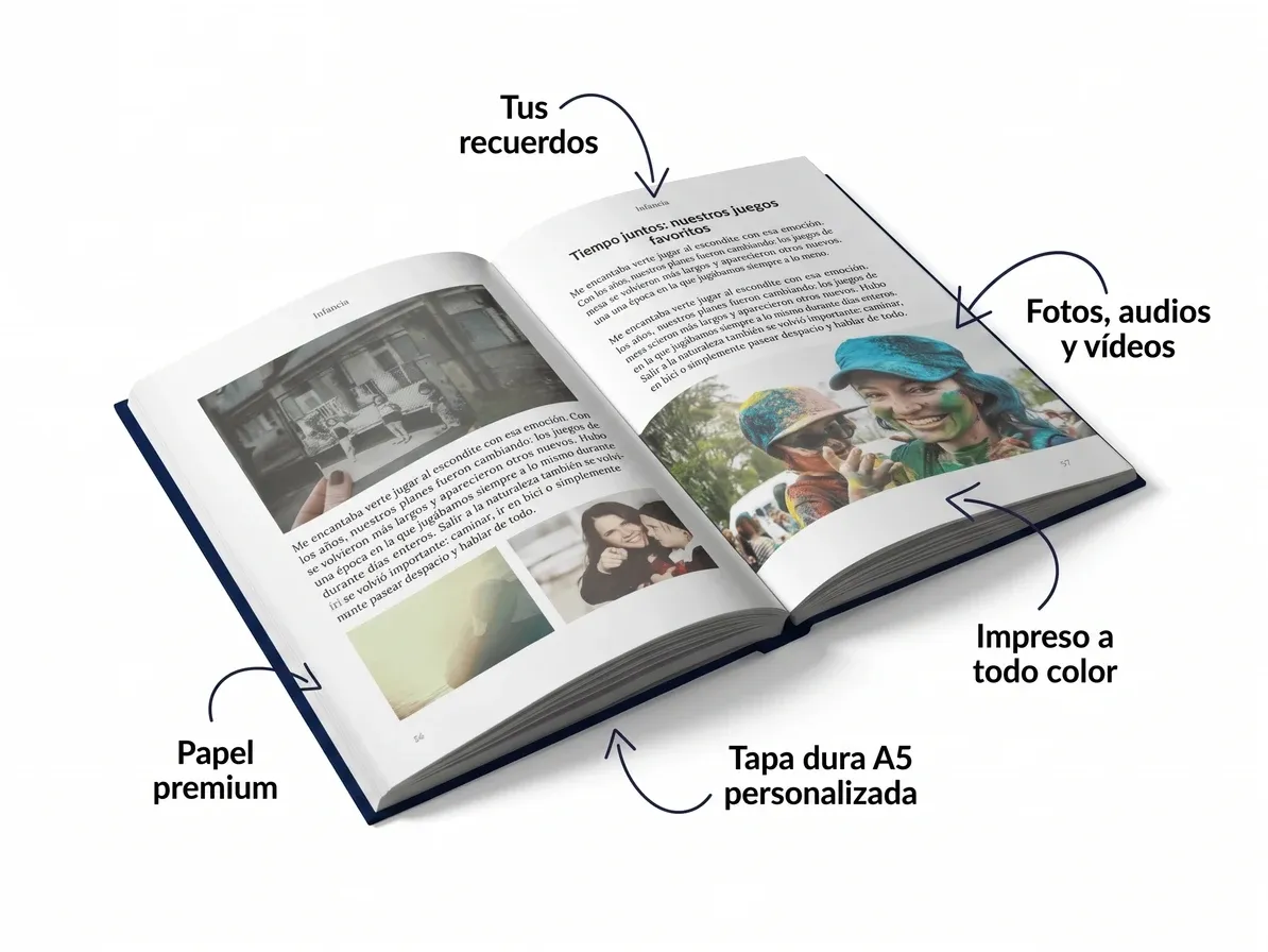 Libro Meminto abierto con historias personales y fotos