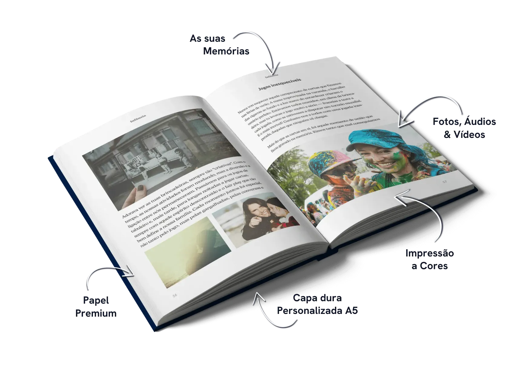 Livro Meminto aberto em português com histórias pessoais, fotografias e detalhes de qualidade