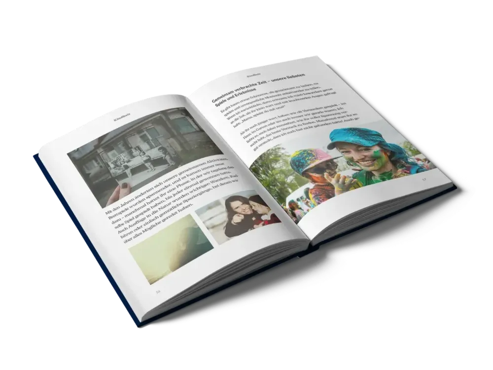 An open Meminto memorial book with personal writing and photographs from a life