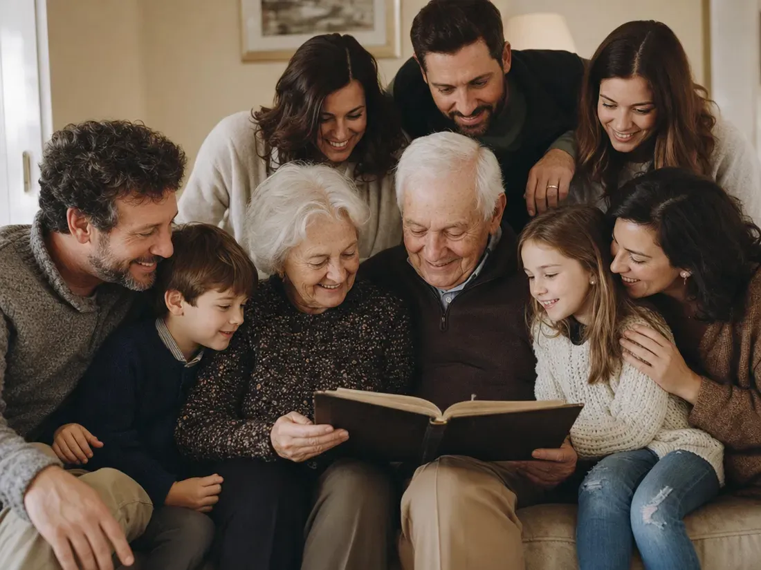 Children and grandchildren give their parents a book for their golden anniversary