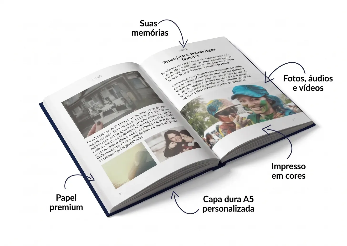 Livro Meminto aberto com histórias pessoais, fotos e detalhes da qualidade de impressão